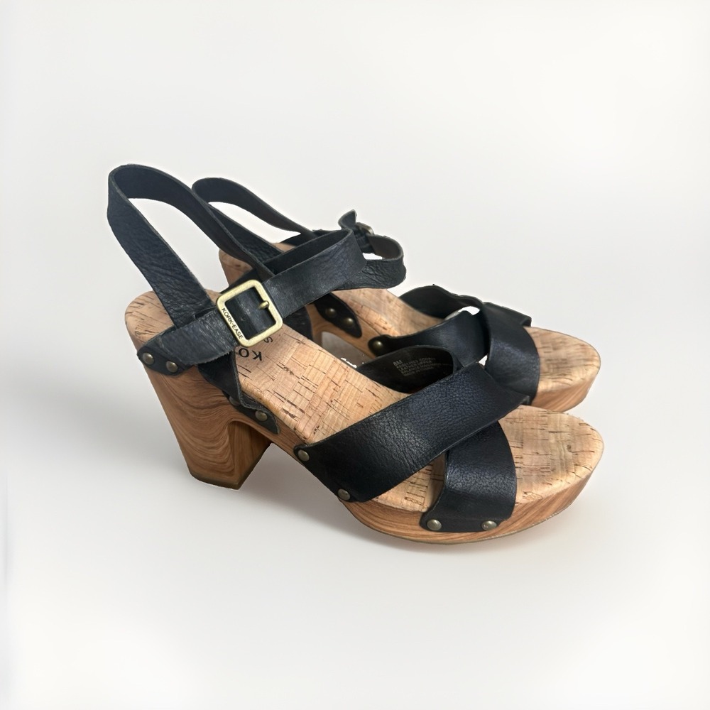 Kork-Ease Drew Black Leather Platform Block Heel Sling Back Sandals Clog Size 8M